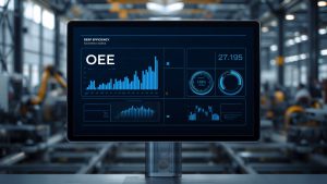 Monitor industriale con grafici OEE, OLE e TEEP su capannone produttivo