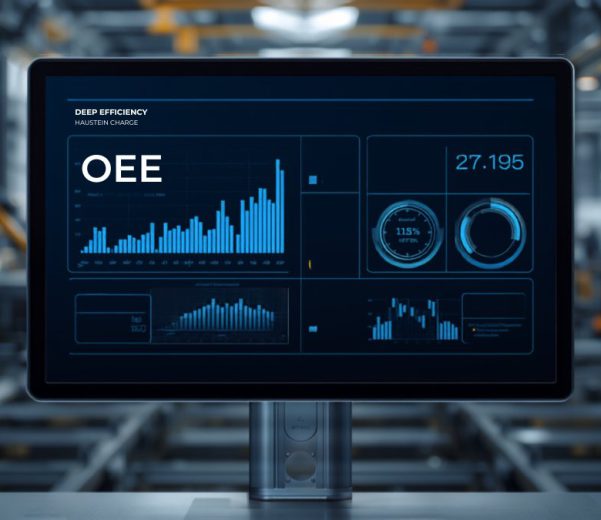Monitor industriale con grafici OEE, OLE e TEEP su capannone produttivo
