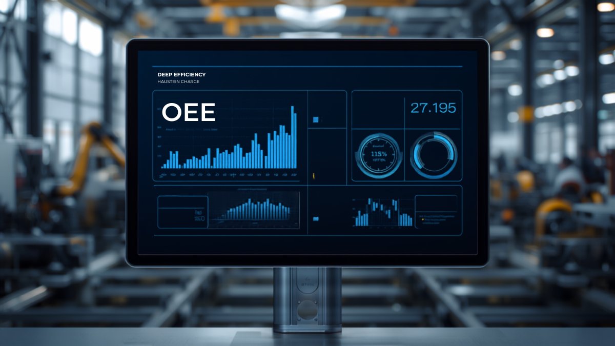Monitor industriale con grafici OEE, OLE e TEEP su capannone produttivo