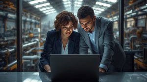 Due professionisti che analizzano una dashboard di integrazione software con capannone industriale sullo sfondo