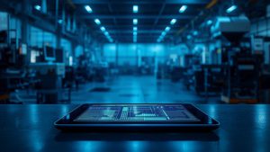 Tablet industriale con dashboard MES in tempo reale su un capannone produttivo