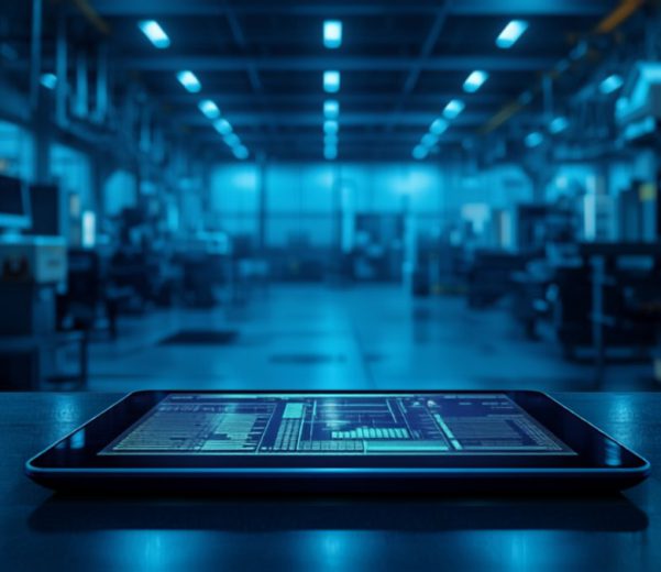 Tablet industriale con dashboard MES in tempo reale su un capannone produttivo