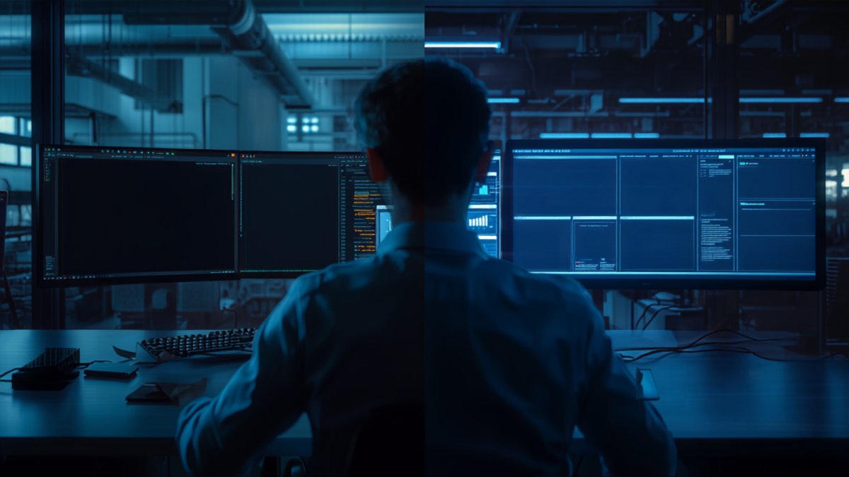 Scena divisa tra sviluppatore al computer e dashboard industriale automatizzata