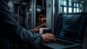 Tecnico che installa un gateway IoT industriale su un pannello di controllo CNC