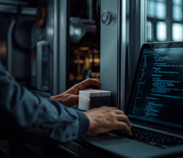 Tecnico che installa un gateway IoT industriale su un pannello di controllo CNC