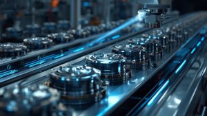 Componenti meccanici di precisione su linea di produzione con scanner di tracciabilita digitale