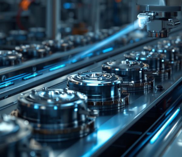 Componenti meccanici di precisione su linea di produzione con scanner di tracciabilita digitale