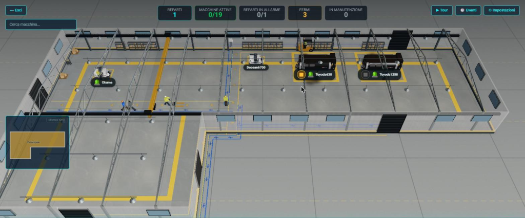 Vista impianto 3D del MES Factory con le macchine e il loro stato in tempo reale